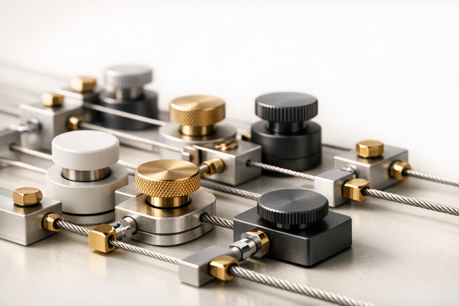 Abstract macro of tuned valves and cables balancing pressure on a cream background