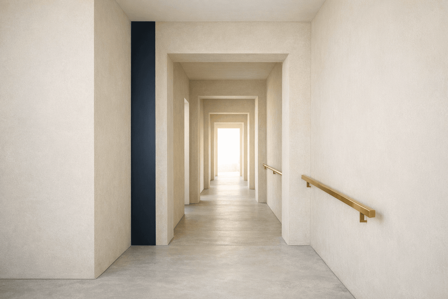 Bright modern corridor with repeating openings and subtle navy and gold accents