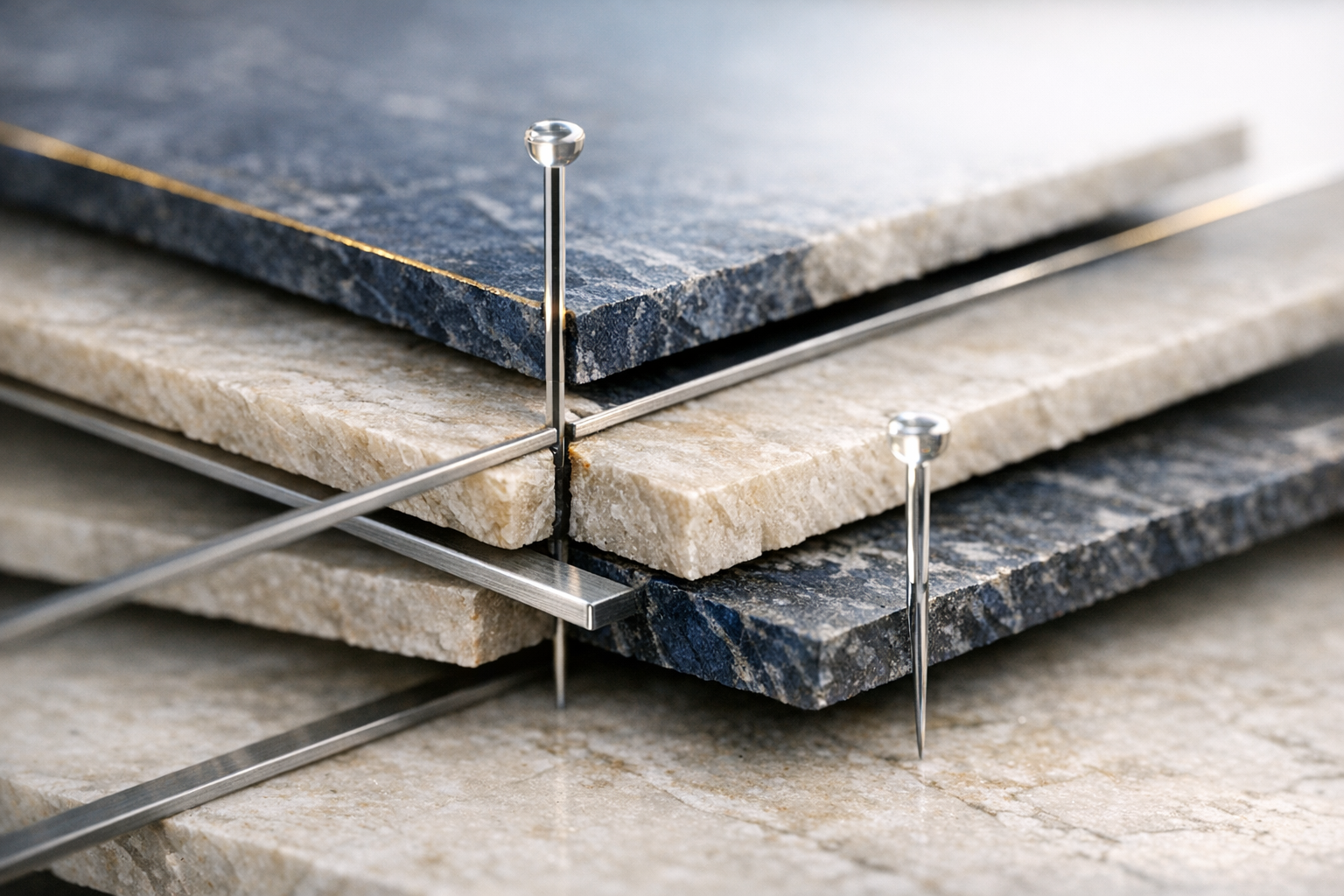 Layered translucent sheets and metal rails arranged like a precise physical system