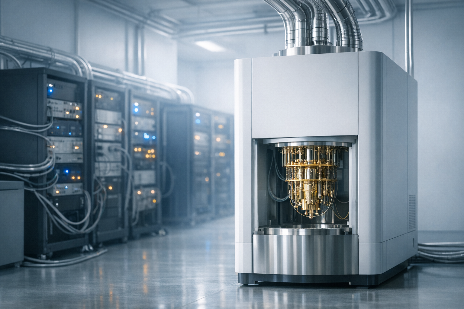 Minimal control room with cryogenic cabinet and modular racks in soft blue light