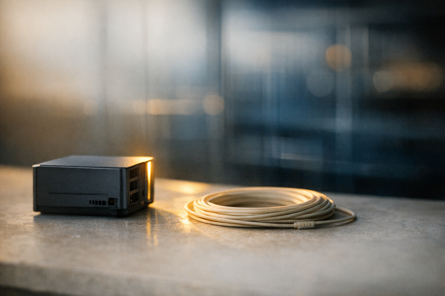 Minimal hardware and fiber on a pale surface lit by warm dawn light.