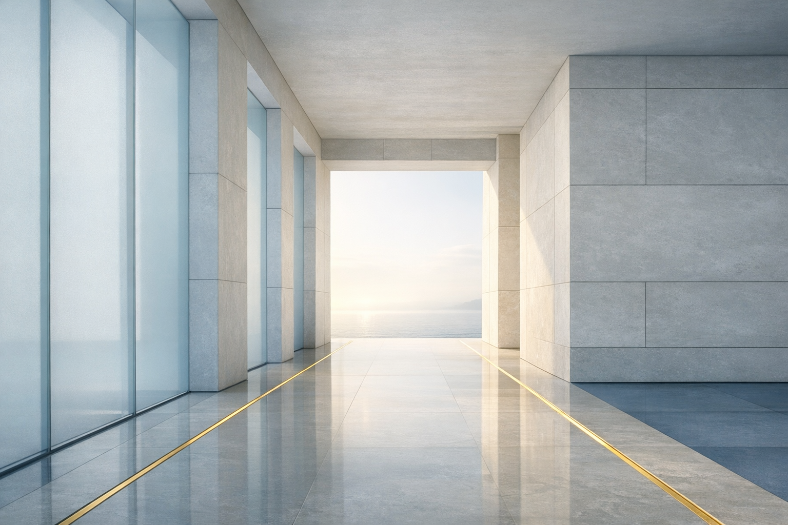 Minimal luminous corridor with soft blue shadows and a gold reflection