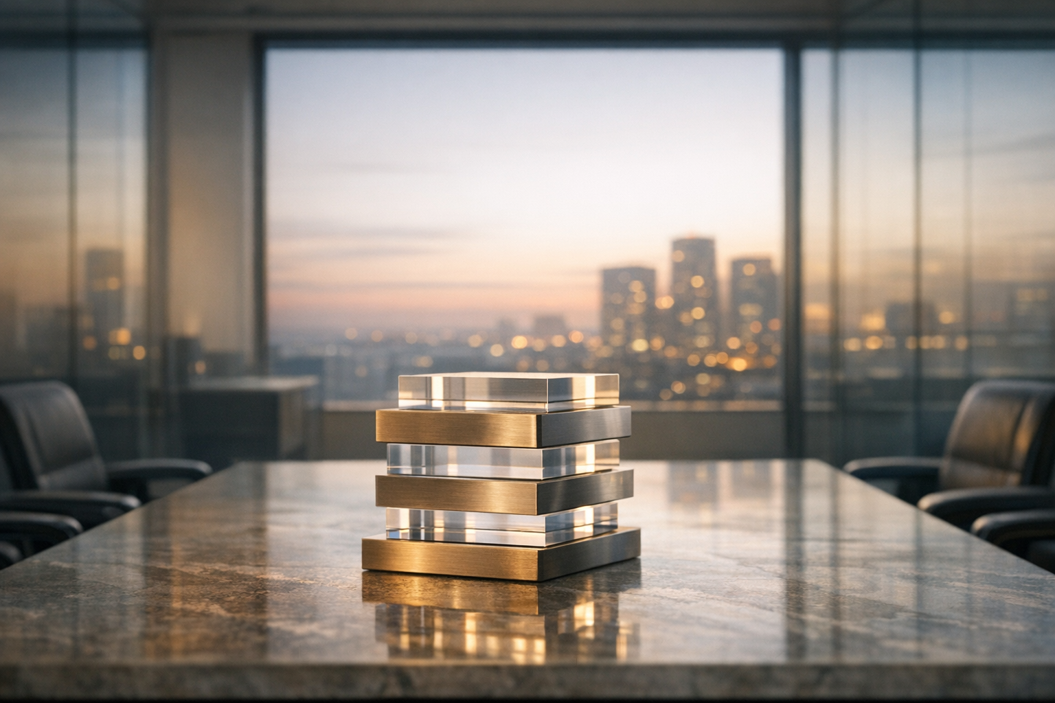Quiet modern room at dawn with layered acrylic sculpture and soft city reflections