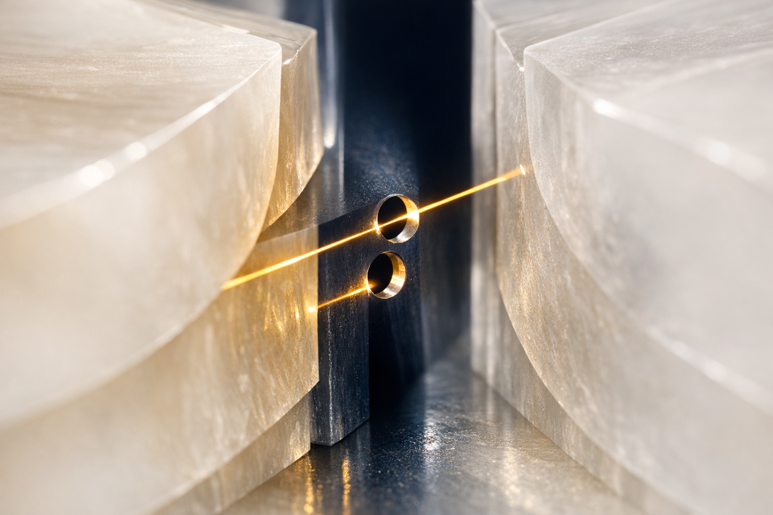 Translucent layered panels create a protected channel around a gold filament.