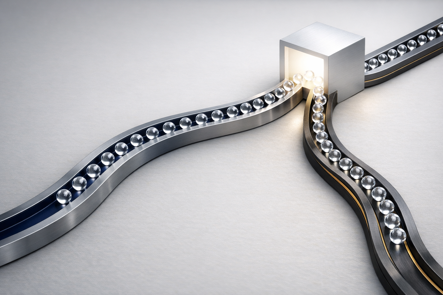 Two independent metallic channels carry matching glass beads into one shared chamber.