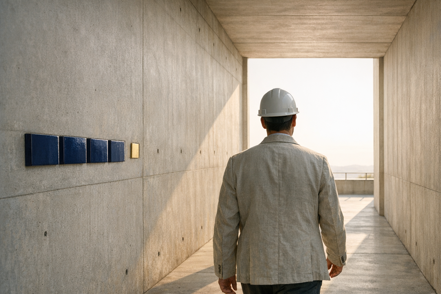 A person walks through a pale corridor toward sunlight beside orderly blue and gold wall details.