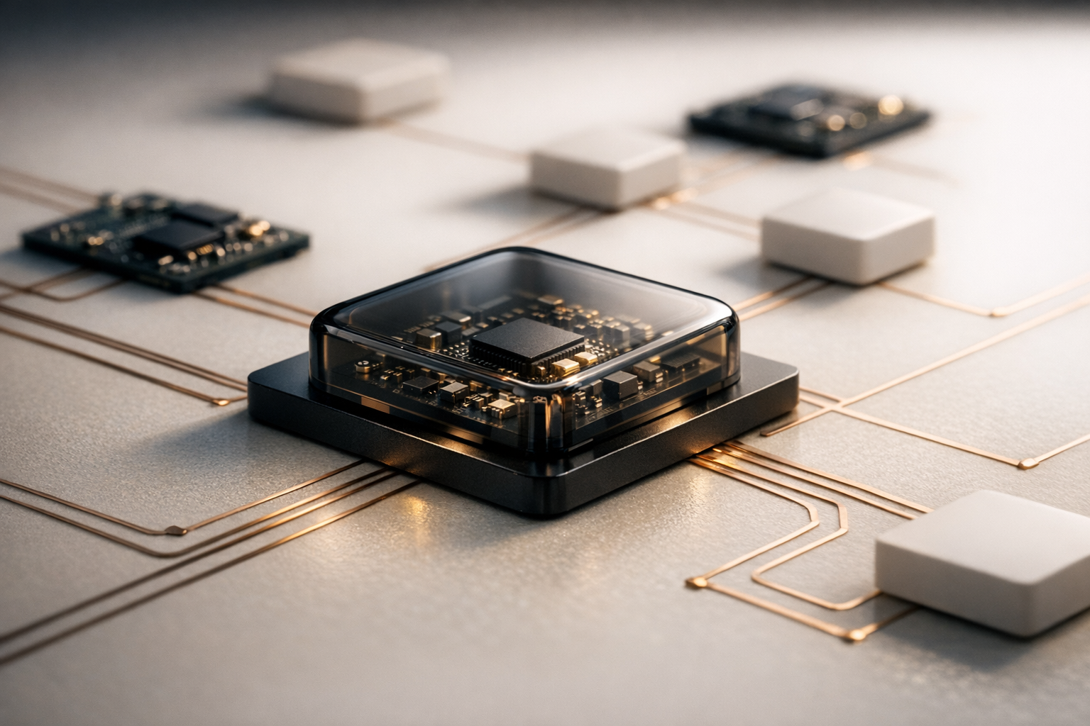 Abstract circuit modules linked by copper traces beneath a protective glass layer.