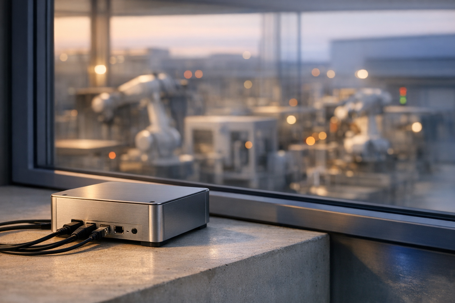Edge enclosure overlooking a softly blurred modern industrial production floor at twilight.