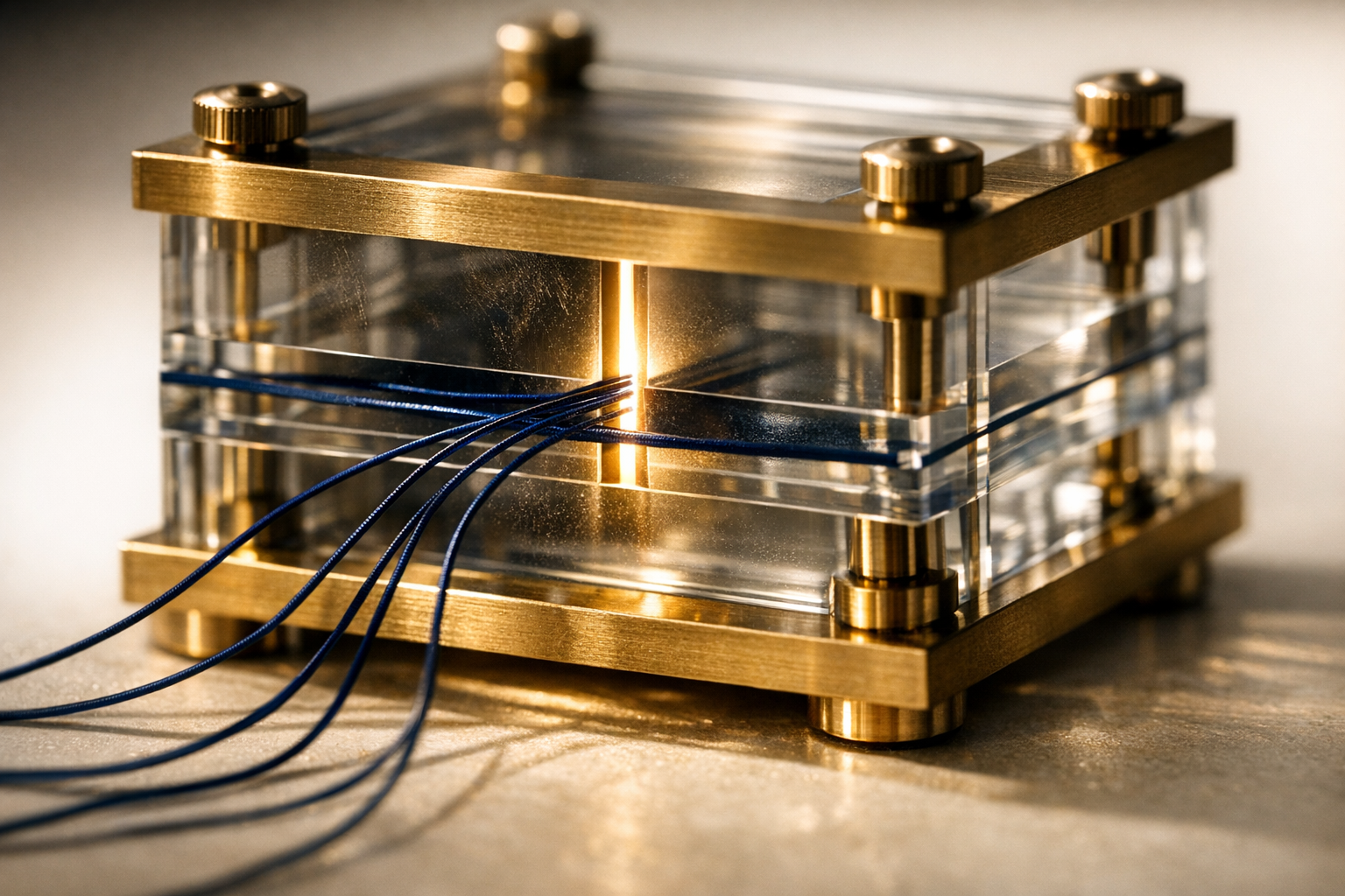 Glass layers and blue filaments pass through a narrow brass-framed validation aperture.