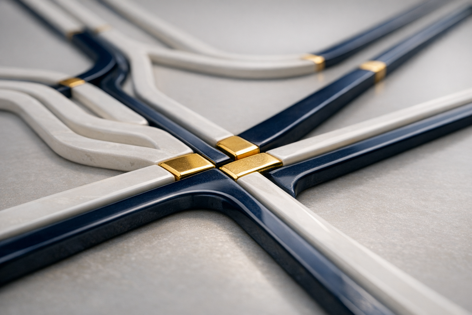 Interlocking gold, navy, and ceramic channels separate into parallel routes.