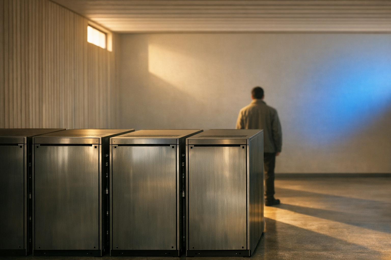 Quiet light-toned server room with blue reflections and a distant operator silhouette.