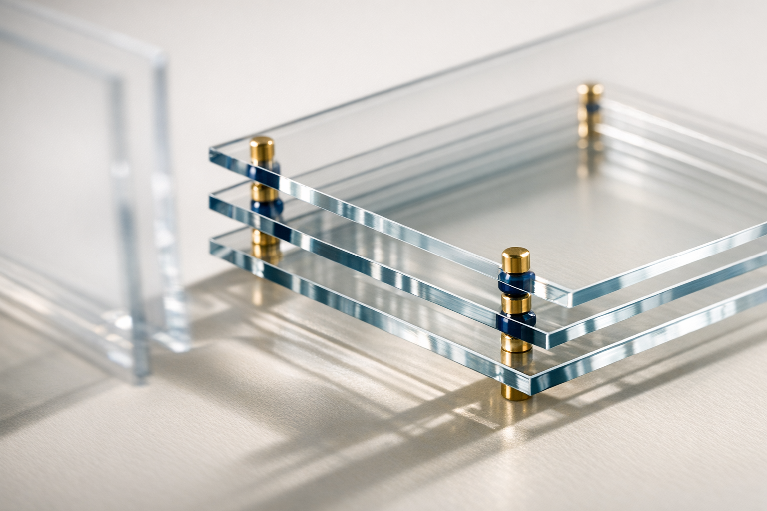 Aligned translucent glass layers held by brass and blue spacers, with one layer set apart.