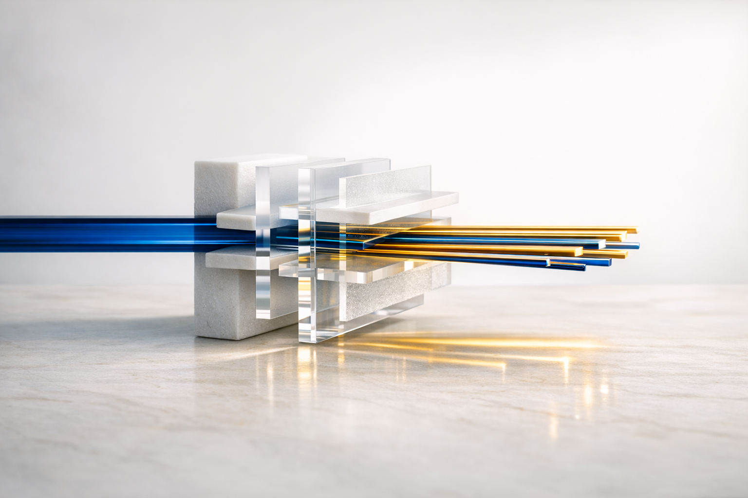 Blue glass beam transformed through translucent layers into aligned gold pathways.