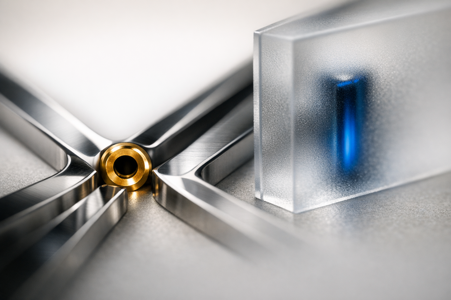 Metal and blue glass channels passing through a gold aperture and frosted barrier.