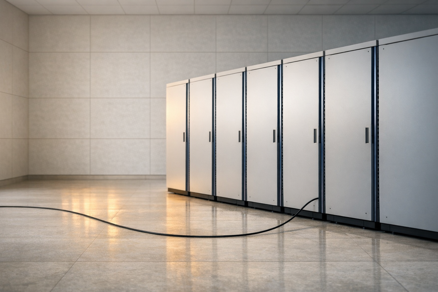 Minimal server cabinets in a bright calm room with blue accents and dawn light.