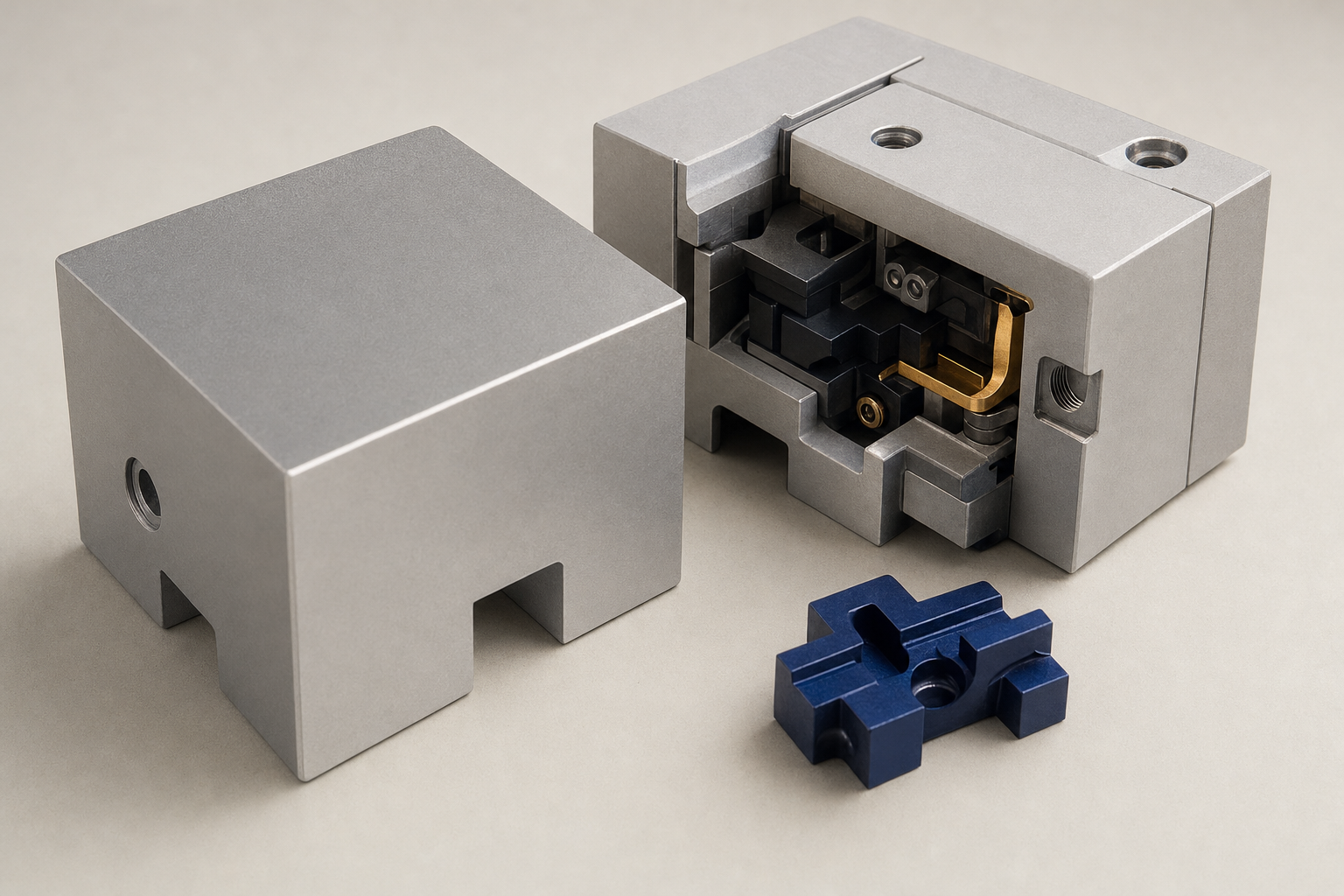 A complete metal block beside an interlocking assembly with one blue insert removed.
